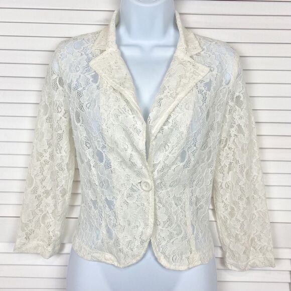 dina be Sheer Lace 3/4 Sleeve Blazer Size Small - Picture 2 of 9